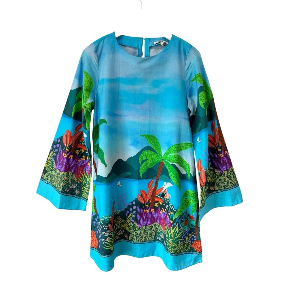 Celina Moon Shift Dress Small Blue Tropical Bell Sleeve Mini Resort Vacay Size M